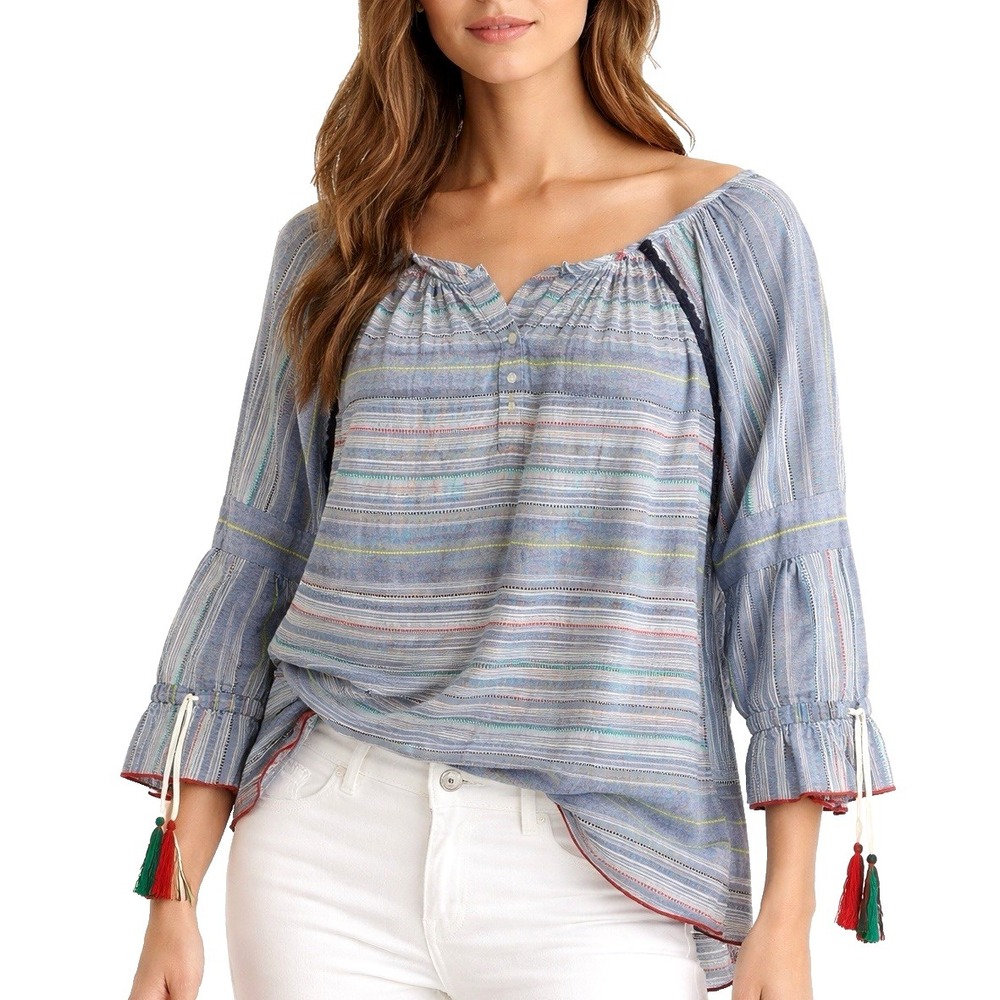 Boho Womens Plus 2XL  Peasant Blouse Blue Striped 3/4 Sleeve Caffe Marrakech Top